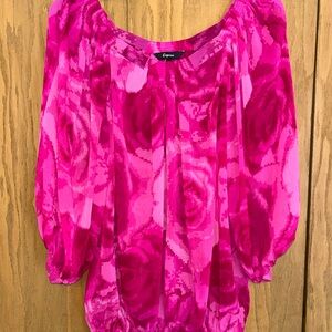 Express Fuchsia Floral Blouse Semi Sheer Elastic Waistband 3/4 Sleeve